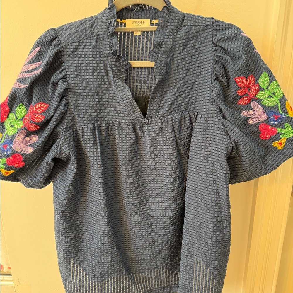 Umgee Navy Blue Textured Blouse with Colorful Floral Embroidery